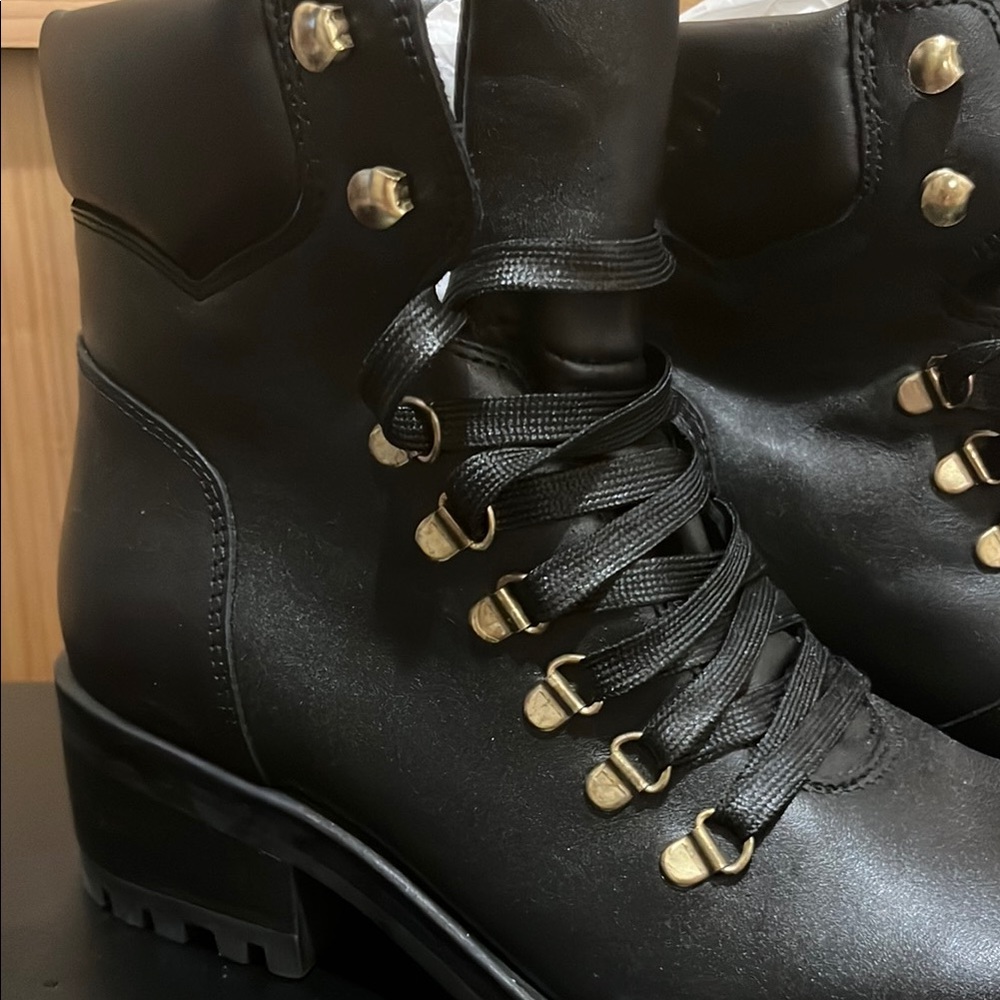 Steve Madden Black Combat Boots with Gold Accents - Picture 4 of 12